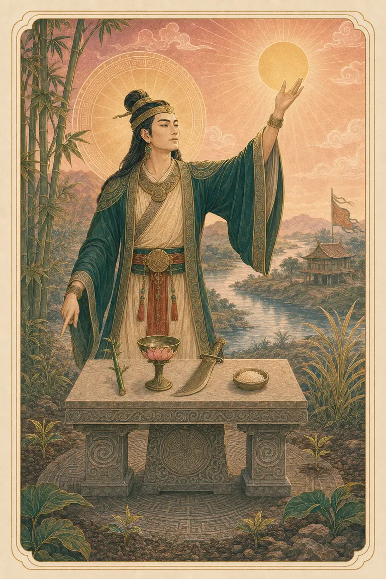 Minh họa nguyên bản The Magician: vị thủ lĩnh cổ Việt đứng trước đàn lễ với bốn biểu tượng quyền trượng, chén, kiếm và hạt giống