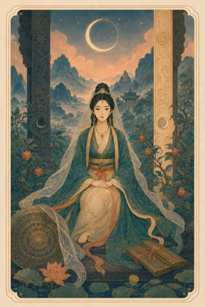 Lá The High Priestess trong bộ Hường Đông Tarot — tranh đang được vẽ lại theo bản Art Direction 2.1