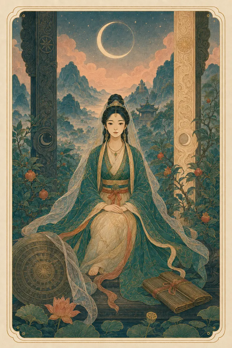 Minh họa nguyên bản The High Priestess: nữ tư tế Việt cổ ngồi giữa hai cột đá, trăng lưỡi liềm và làn nước mờ sương