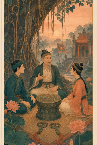 Lá The Hierophant trong bộ Hường Đông Tarot — tranh đang được vẽ lại theo bản Art Direction 2.1