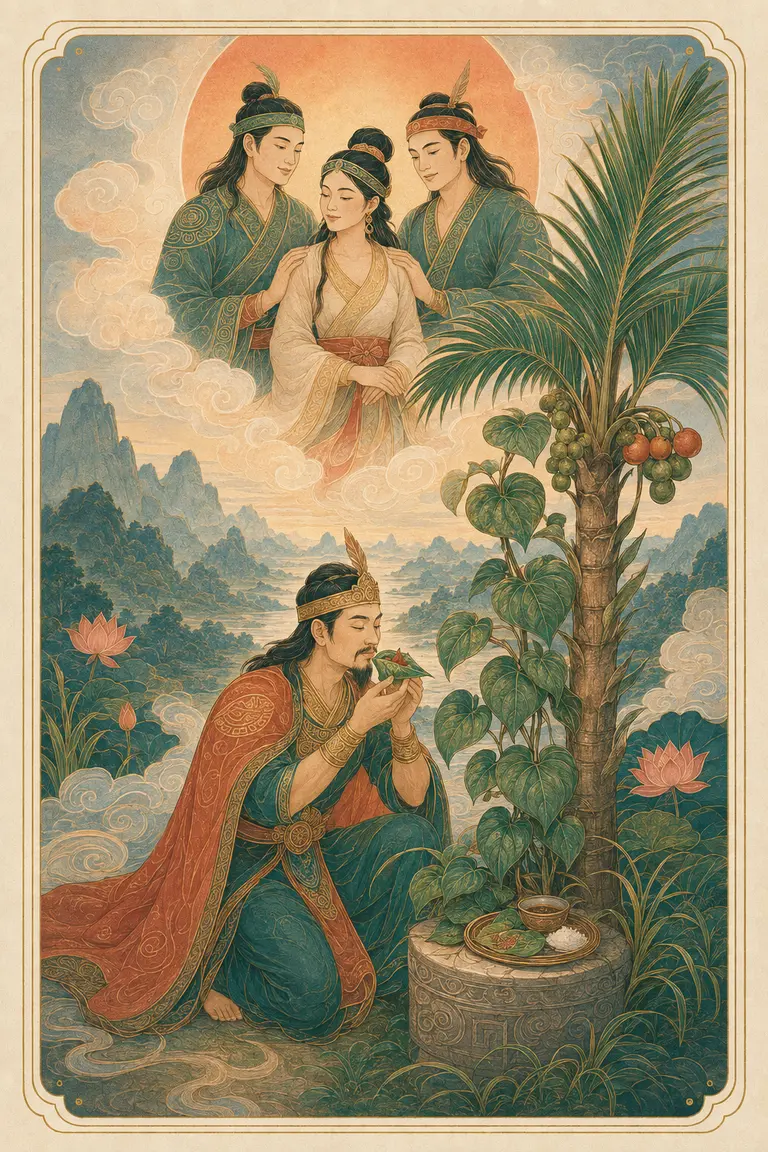 Minh họa nguyên bản The Lovers: vua Hùng chứng kiến biểu tượng ba nhân vật hóa thành cây cau, dây trầu và tảng đá