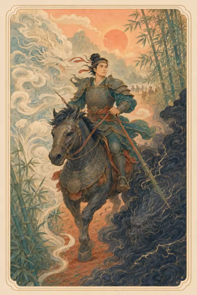 Minh họa nguyên bản The Chariot: Thánh Gióng cưỡi ngựa sắt lao qua đồng tre trong ánh bình minh đỏ