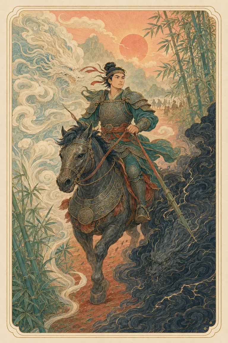 Minh họa nguyên bản The Chariot: Thánh Gióng cưỡi ngựa sắt lao qua đồng tre trong ánh bình minh đỏ