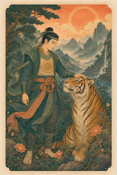Minh họa nguyên bản Strength: Sơn Tinh bình thản đặt tay lên hổ giữa núi rừng và dòng nước dâng