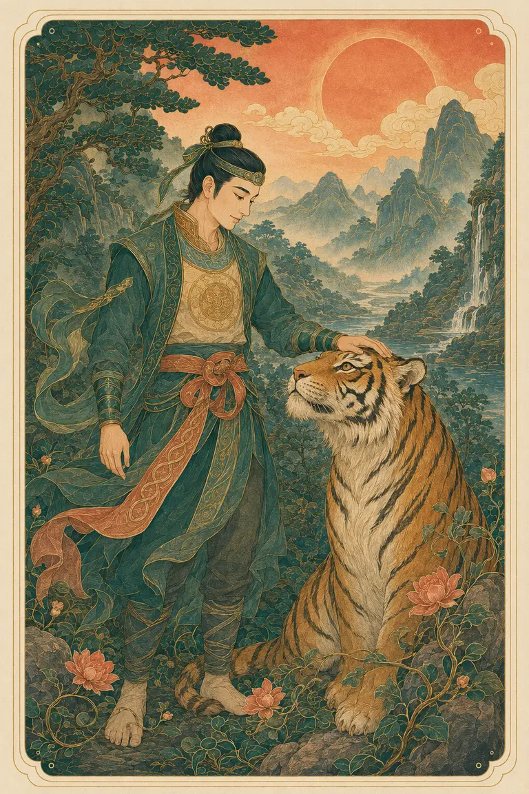 Minh họa nguyên bản Strength: Sơn Tinh bình thản đặt tay lên hổ giữa núi rừng và dòng nước dâng