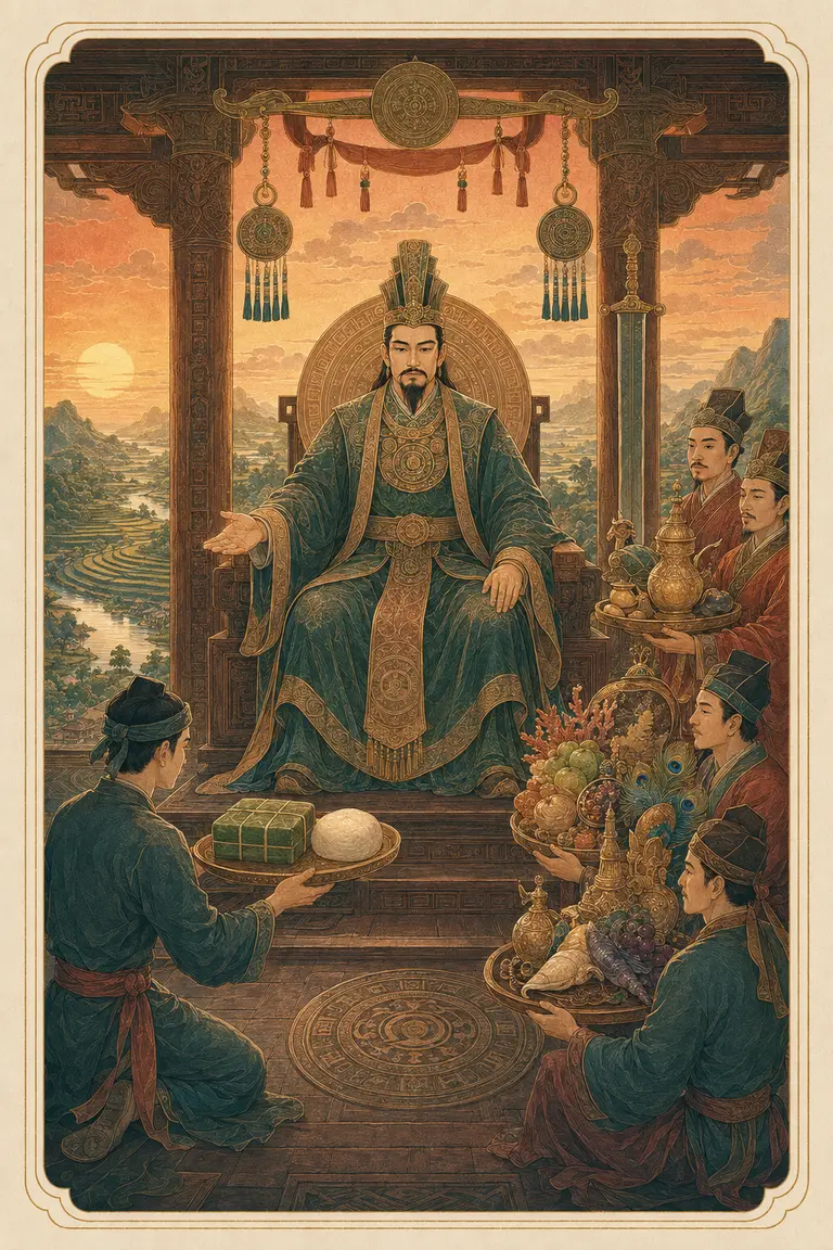 Minh họa nguyên bản Justice: vua Hùng cân nhắc bánh chưng bánh giầy của Lang Liêu và mâm cao cỗ đầy của các hoàng tử