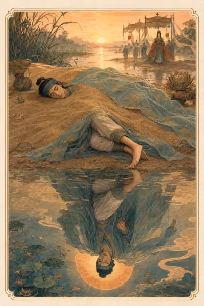 Lá The Hanged Man trong bộ Hường Đông Tarot — tranh đang được vẽ lại theo bản Art Direction 2.1