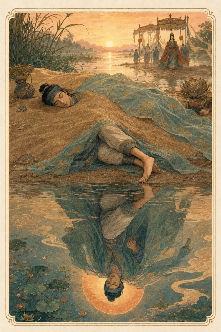 Minh họa nguyên bản The Hanged Man: Chử Đồng Tử ẩn dưới bãi cát, hình phản chiếu đảo ngược trên mặt nước khi thuyền Tiên Dung đi tới