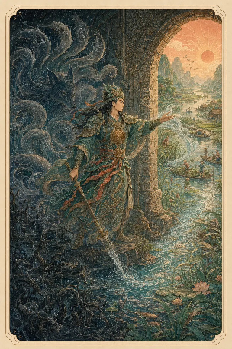 Minh họa nguyên bản Death: Lạc Long Quân bước qua cổng đá, bóng Hồ Tinh tan vào nước và bình minh mở ra xóm làng hồi sinh