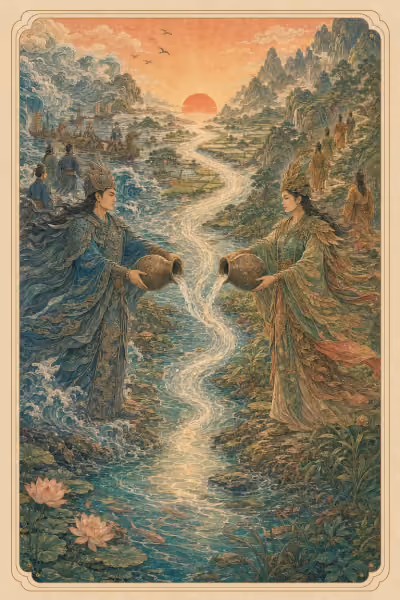 Minh họa nguyên bản Temperance: Lạc Long Quân và Âu Cơ cùng rót nước từ hai bình vào một dòng sáng nối biển với núi