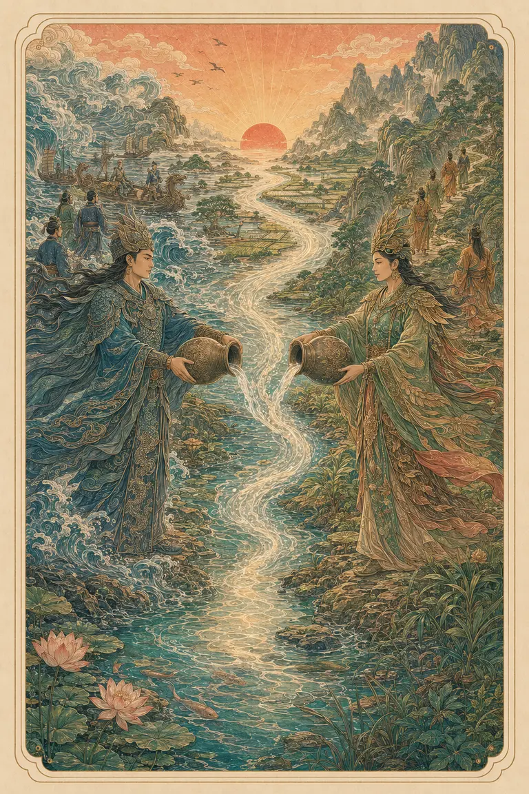 Minh họa nguyên bản Temperance: Lạc Long Quân và Âu Cơ cùng rót nước từ hai bình vào một dòng sáng nối biển với núi