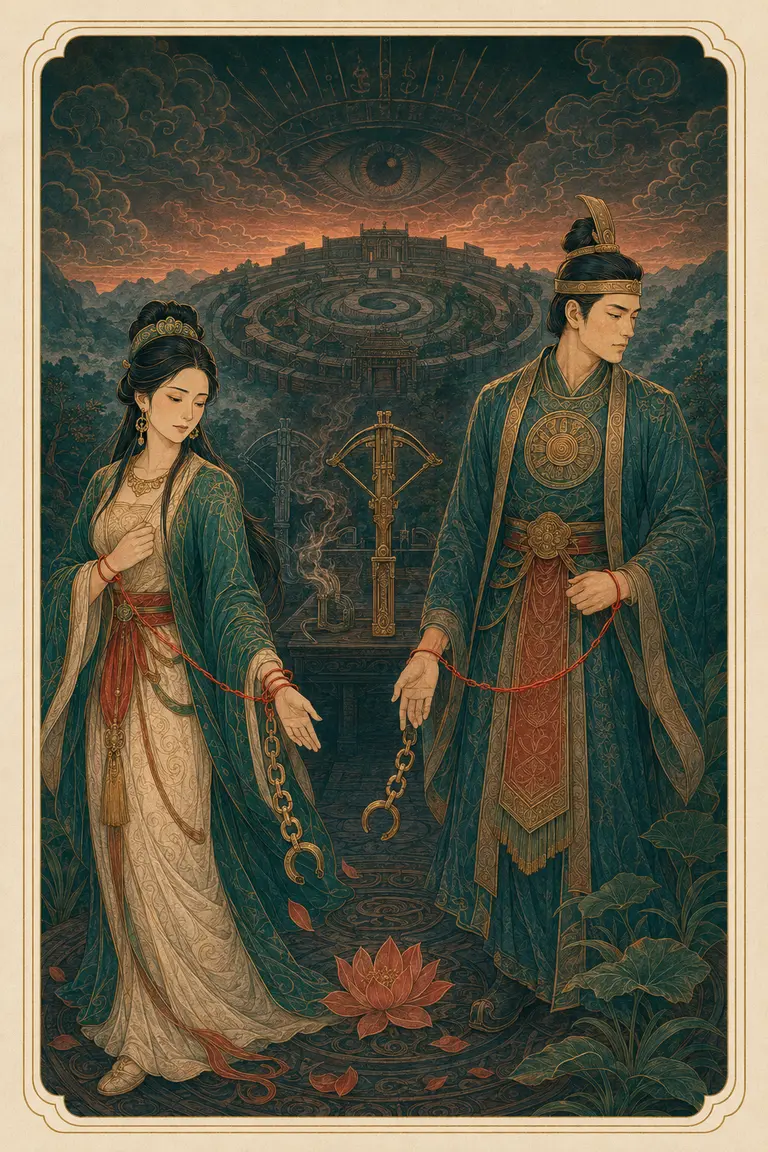Minh họa nguyên bản The Devil: Mị Châu và Trọng Thủy nối với nhau bằng sợi chỉ đỏ và xiềng mở trước hai chiếc nỏ cùng bóng thành Cổ Loa
