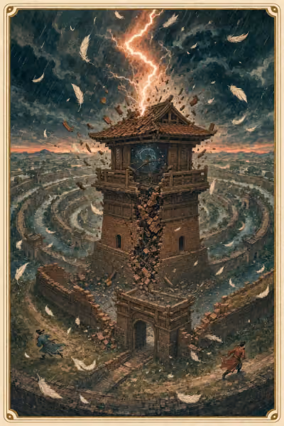 Lá The Tower trong bộ Hường Đông Tarot — tranh đang được vẽ lại theo bản Art Direction 2.1