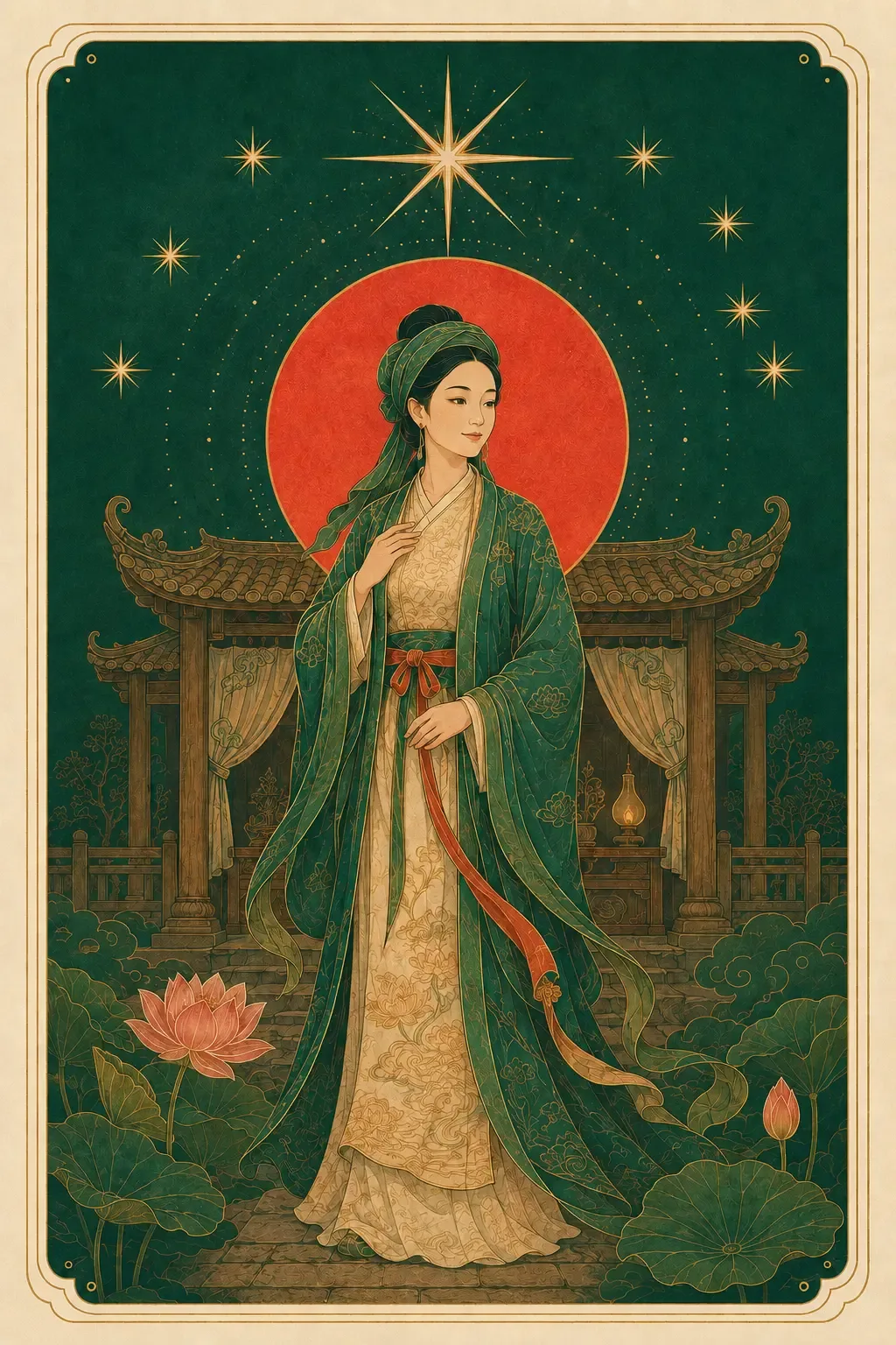 Minh họa nguyên bản The Star: Mẫu Liễu Hạnh trong áo choàng xanh đứng dưới một sao lớn và bảy sao nhỏ, trước cổng đền và đầm sen, sau lưng là vầng mặt trời đỏ