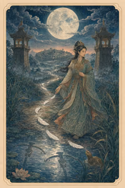 Lá The Moon trong bộ Hường Đông Tarot — tranh đang được vẽ lại theo bản Art Direction 2.1