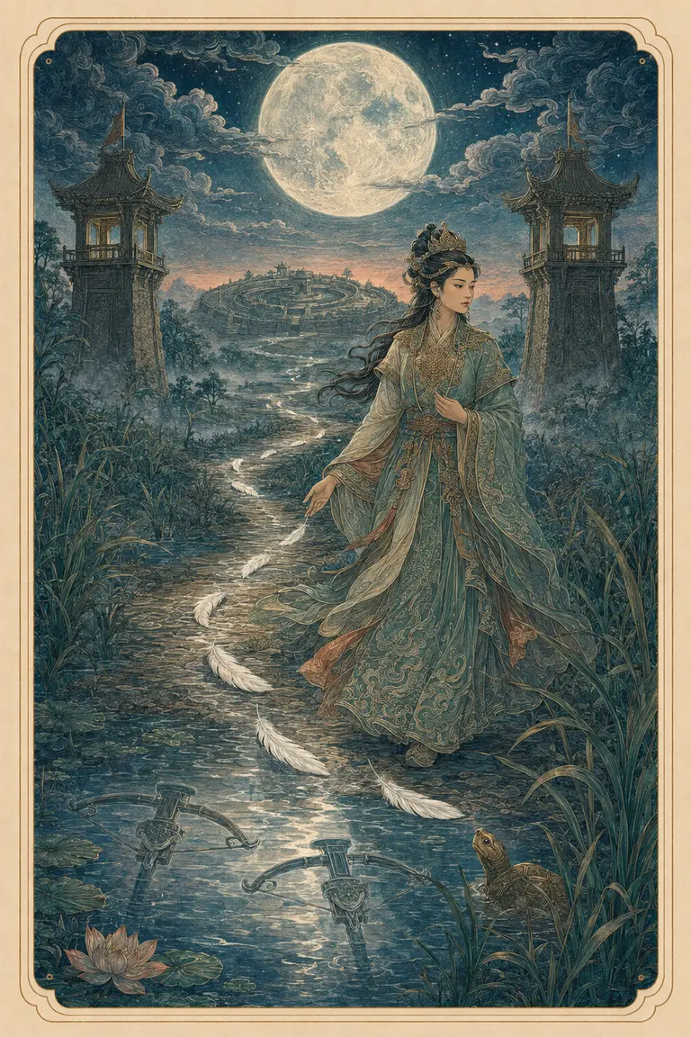 Minh họa nguyên bản The Moon: Mị Châu rải lông ngỗng trên đường rời Cổ Loa, nỏ thật và nỏ giả hiện như hai bóng dưới trăng