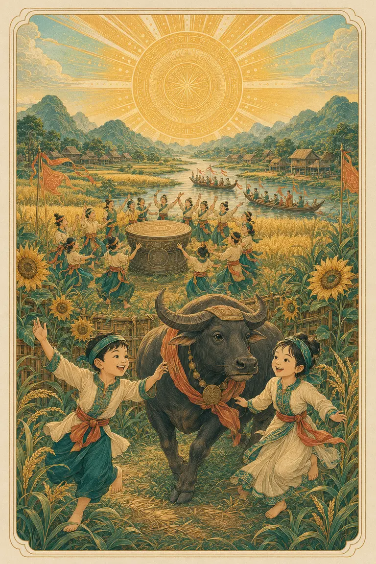 Minh họa nguyên bản The Sun: trẻ em và cư dân Văn Lang vui hội mùa bên trâu, lúa, thuyền và trống đồng dưới mặt trời rạng rỡ