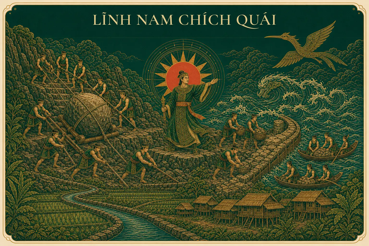 Bìa Lĩnh Nam chích quái: Sơn Tinh giữa núi, dân Lạc Việt đắp đê và kéo đá, chim Lạc bay trên sóng